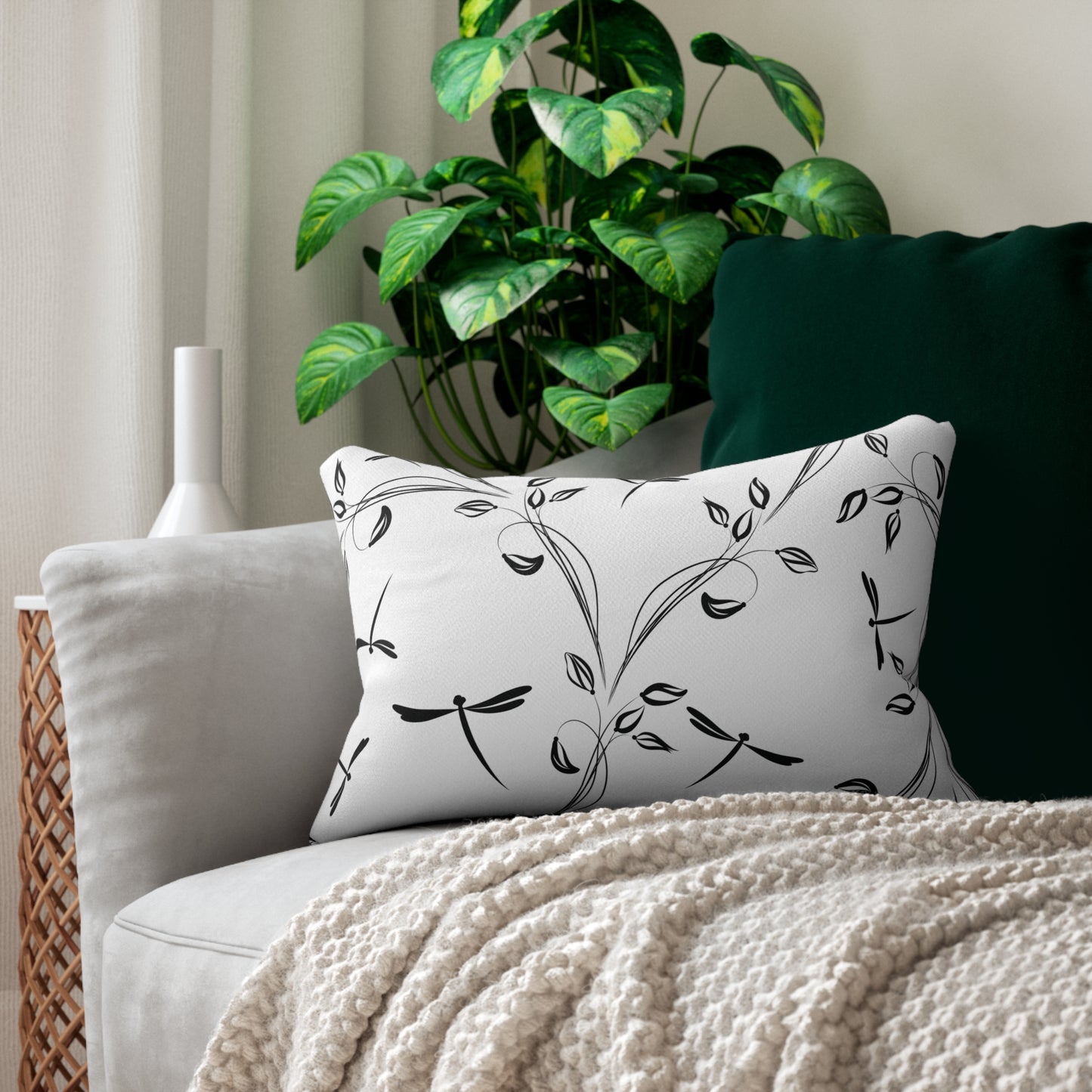 Botanical Black and White Dragonflies Lumbar Pillow - Cozy Home Decor, Floral Accent, Living Room Cushion, Gift for Her, Nature-Inspired Pillow