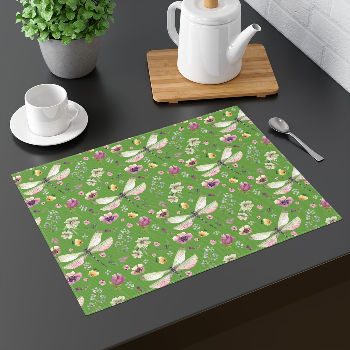 Placemat - Whimsy in Bloom Dragonflies & Floral Elegance Design - Green