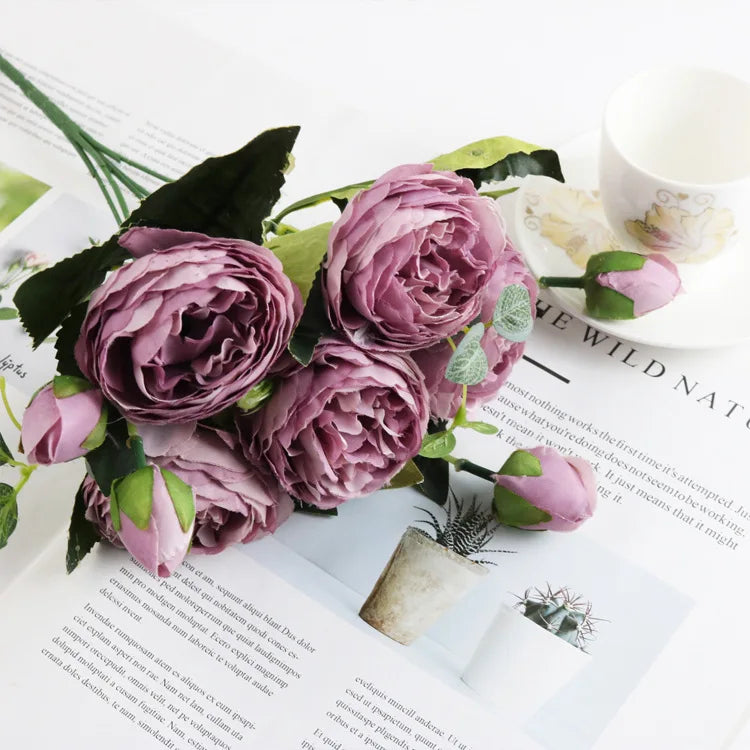 1 Bundle Silk Peony Bouquet Home Decoration Accessories Wedding Party  Pompons Artificial Roses Flowers