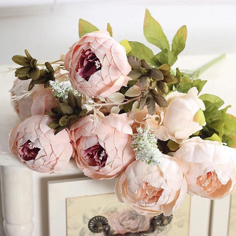 1Bunch European Crafted Peony Flowers Big Bouquet Silk Flowers Wedding Party Home Decoration Wreath DIY Scrapbooking