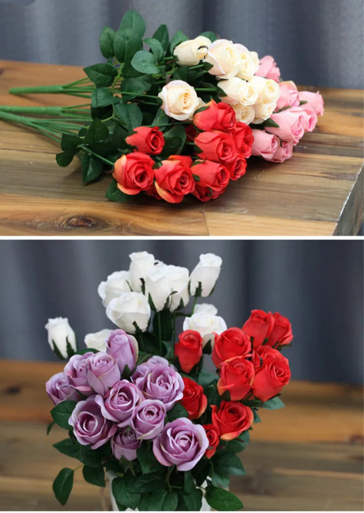 12 Heads Elegant Romantic Faux  Roses Flowers Bunch Simulation Silk Flowers Bridal Hand Bouquet Home Party Wedding Decor Rose Floral