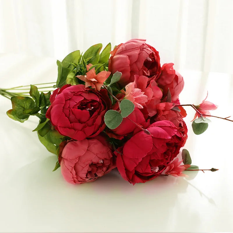 1Bunch European Crafted Peony Flowers Big Bouquet Silk Flowers Wedding Party Home Decoration Wreath DIY Scrapbooking