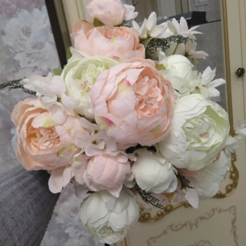 1Bunch European Crafted Peony Flowers Big Bouquet Silk Flowers Wedding Party Home Decoration Wreath DIY Scrapbooking