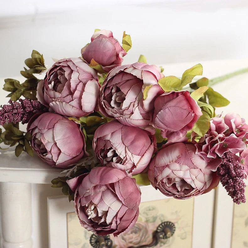 1Bunch European Crafted Peony Flowers Big Bouquet Silk Flowers Wedding Party Home Decoration Wreath DIY Scrapbooking