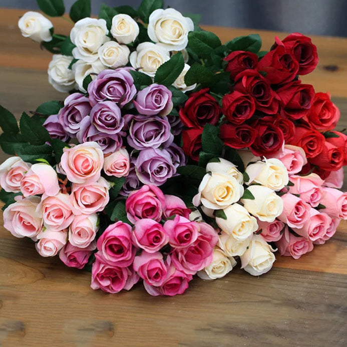 12 Heads Elegant Romantic Faux  Roses Flowers Bunch Simulation Silk Flowers Bridal Hand Bouquet Home Party Wedding Decor Rose Floral