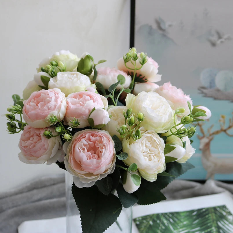 1 Bundle Silk Peony Bouquet Home Decoration Accessories Wedding Party  Pompons Artificial Roses Flowers