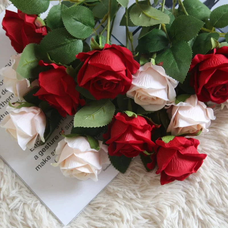 10PC Silk Roses Bouquet Vase for Home Decoration Accessories Diy Photo Props Flowers Arrangement Dining Table Christmas