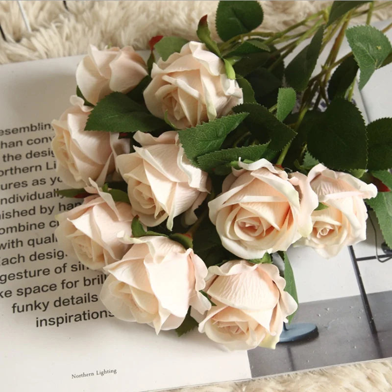 10PC Silk Roses Bouquet Vase for Home Decoration Accessories Diy Photo Props Flowers Arrangement Dining Table Christmas