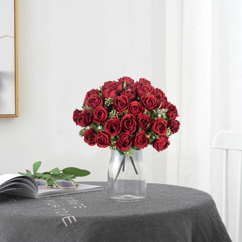 Silk Flowers Ten Head Rose Bundle Scrapbook Valentine Wedding Outdoor Garden Party Family Room Vase Decoration