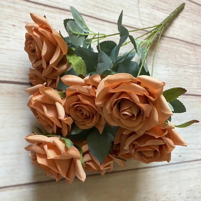 9roses/bunch  Aritificial rose small rose living room decoration simulated dry flower dining table flower home decoration