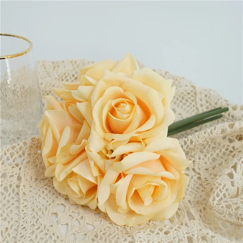 High-end 5Head Moisturizing Roses Artificial Flowers Real Touch Rose Bridal Bouquet Wedding Party Flower Arrangement Home Decor