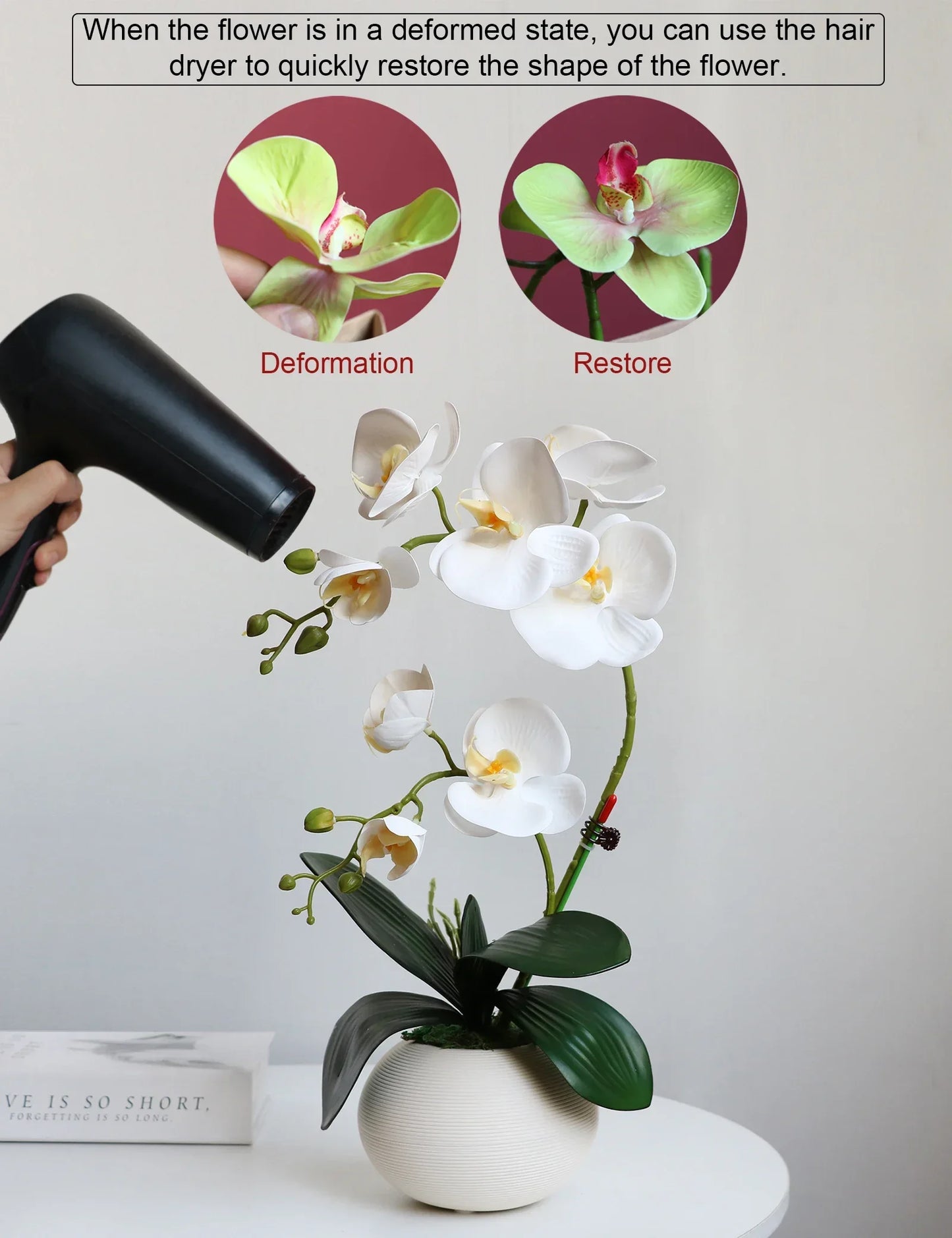Real Touch White Orchid Artificial Flowers with Vase for Home Bathroom Decor Indoor Christmas Decorations