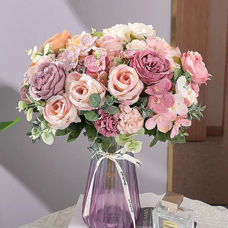 7 Heads Artificial Flowers Silk Peony Rose Hydrangea Bouquet Home Decorations Party Wedding Bride Fake Plants