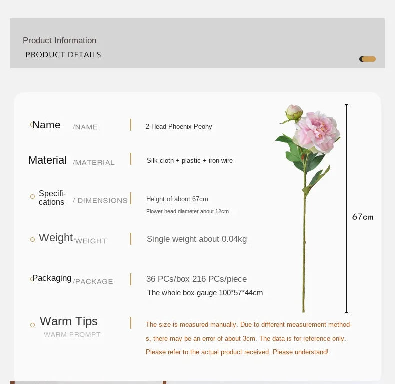 67CM 2-piece Luxurious Peony Artificial Flower Peony Silk Flower Nordic Home Decoration Wedding Soft Decoration Ornament