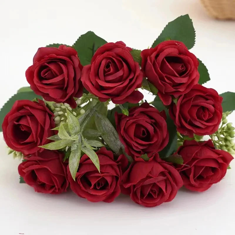 10 Heads Rose Bouquet Lifelike Flowers Western Rose Wedding Decoration 6 Colors