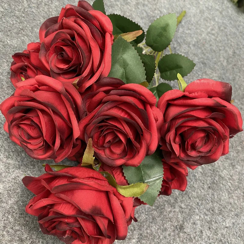 9 Heads Rose Bouquet Artificial Flower Wedding Rose Decor Scene Display Floral
