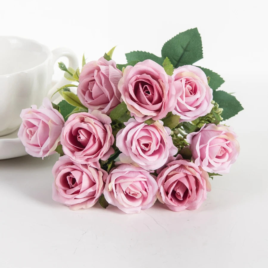 Silk Flowers Ten Head Rose Bundle Scrapbook Valentine Wedding Outdoor Garden Party Family Room Vase Decoration