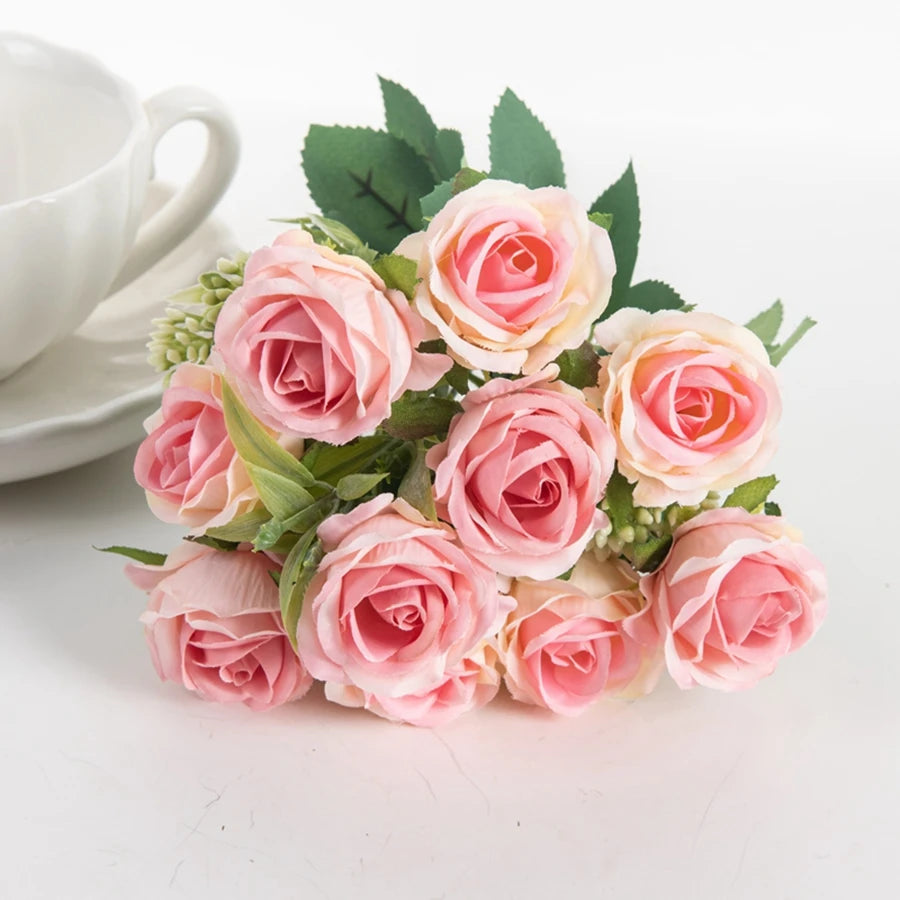 Silk Flowers Ten Head Rose Bundle Scrapbook Valentine Wedding Outdoor Garden Party Family Room Vase Decoration