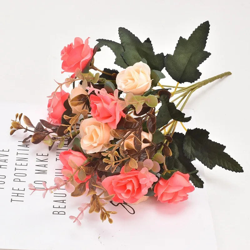 Rose Artificial Flowers 12Heads 33cm Hand Crafted Flowers For Home Room Decor Wedding Marriage Decoration DIY Craft Garland Accessories