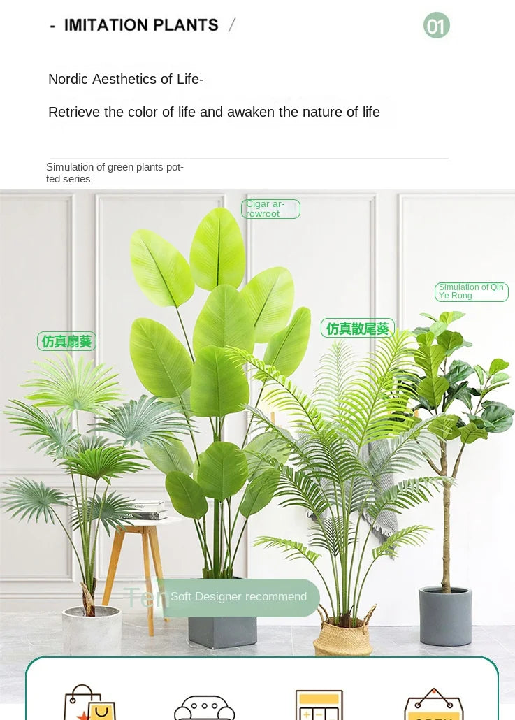 Large Artificial Palm Tree Tropical Fake Plants Green Plastic Palm Leafs Big Monstera Tree Branch For Home Garden Decor