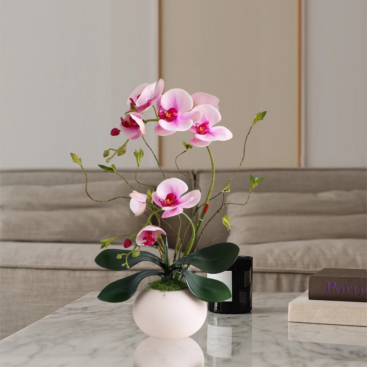Real Touch White Orchid Artificial Flowers with Vase for Home Bathroom Decor Indoor Christmas Decorations