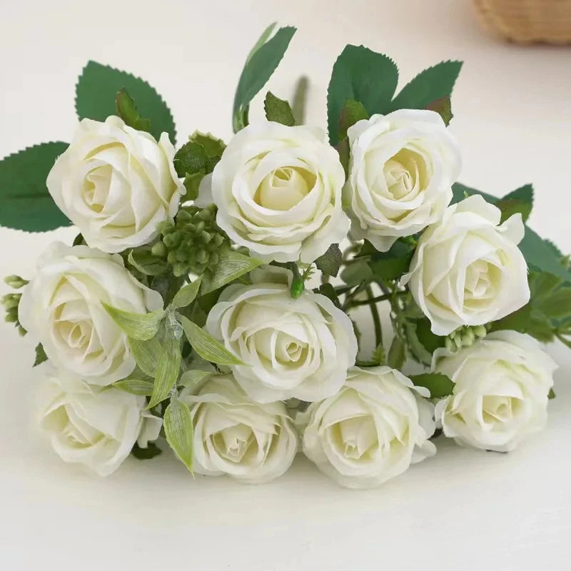 10 Heads Rose Bouquet Lifelike Flowers Western Rose Wedding Decoration 6 Colors