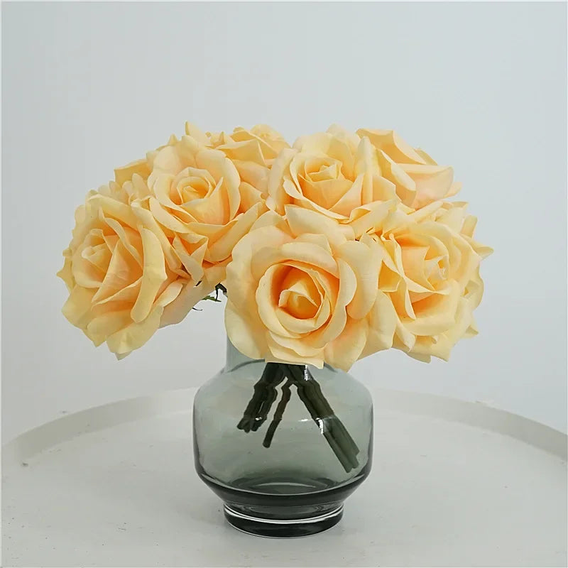 High-end 5Head Moisturizing Roses Artificial Flowers Real Touch Rose Bridal Bouquet Wedding Party Flower Arrangement Home Decor