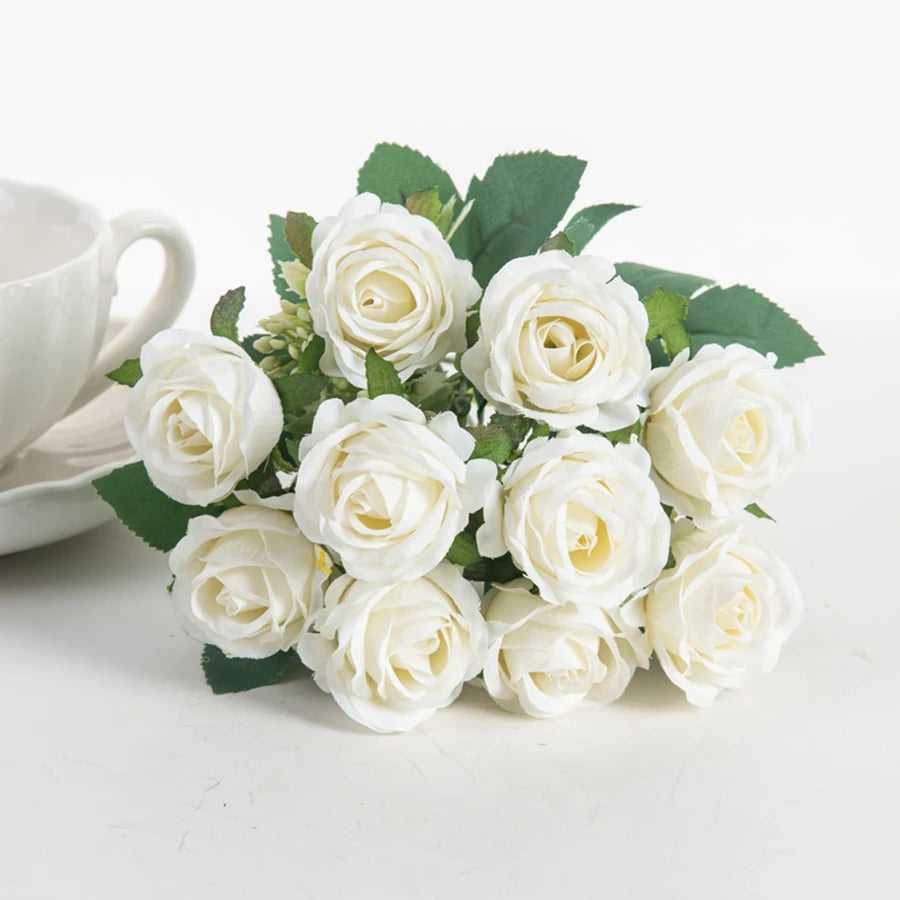 Silk Flowers Ten Head Rose Bundle Scrapbook Valentine Wedding Outdoor Garden Party Family Room Vase Decoration