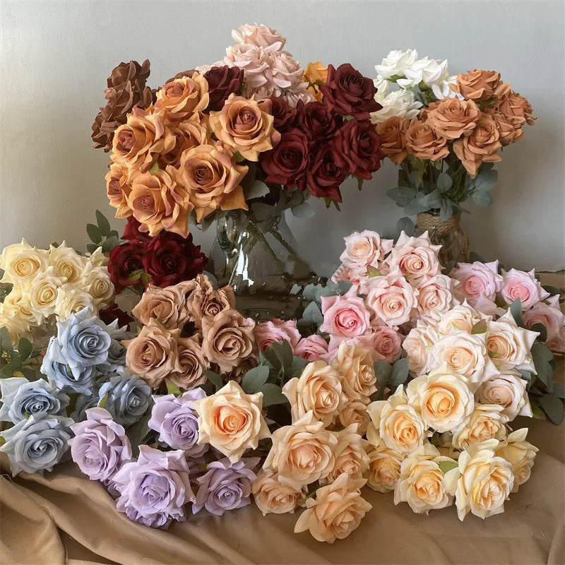 9roses/bunch  Aritificial rose small rose living room decoration simulated dry flower dining table flower home decoration