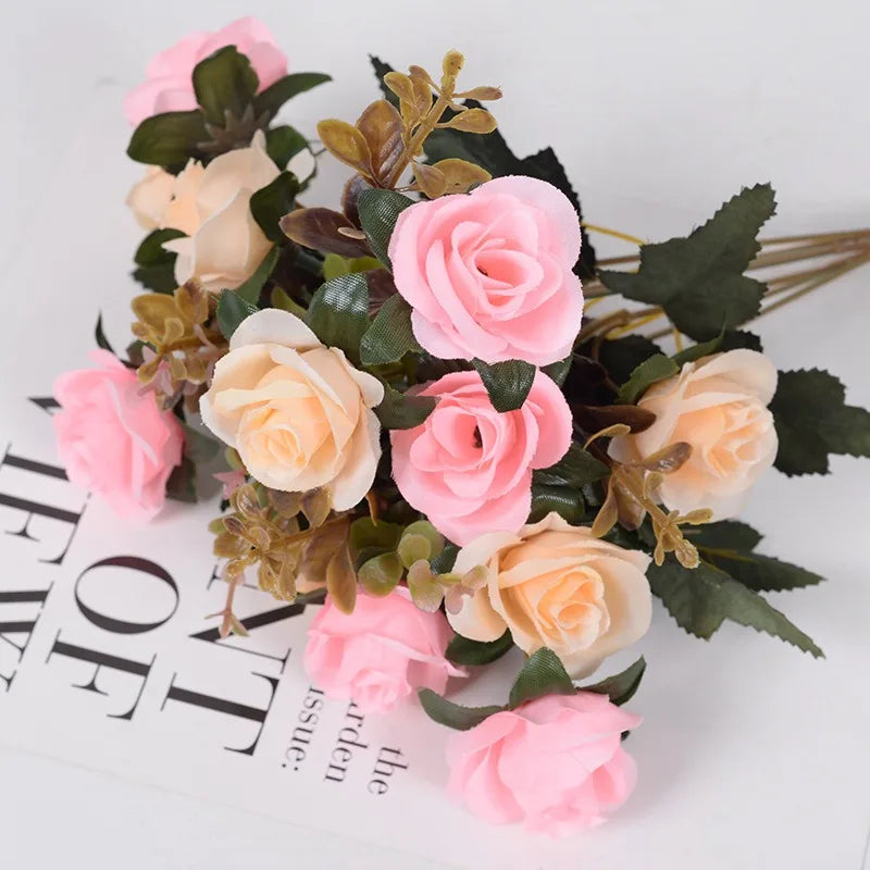 Rose Artificial Flowers 12Heads 33cm Hand Crafted Flowers For Home Room Decor Wedding Marriage Decoration DIY Craft Garland Accessories