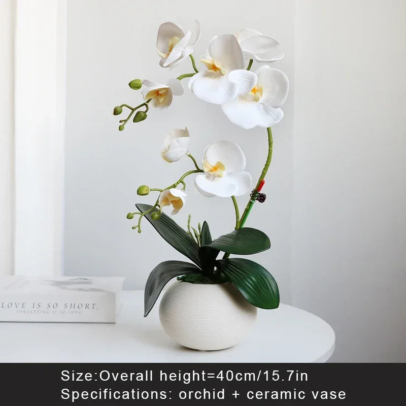 Real Touch White Orchid Artificial Flowers with Vase for Home Bathroom Decor Indoor Christmas Decorations