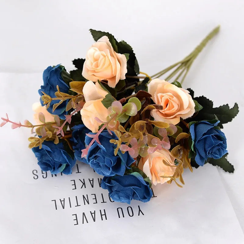 Rose Artificial Flowers 12Heads 33cm Hand Crafted Flowers For Home Room Decor Wedding Marriage Decoration DIY Craft Garland Accessories