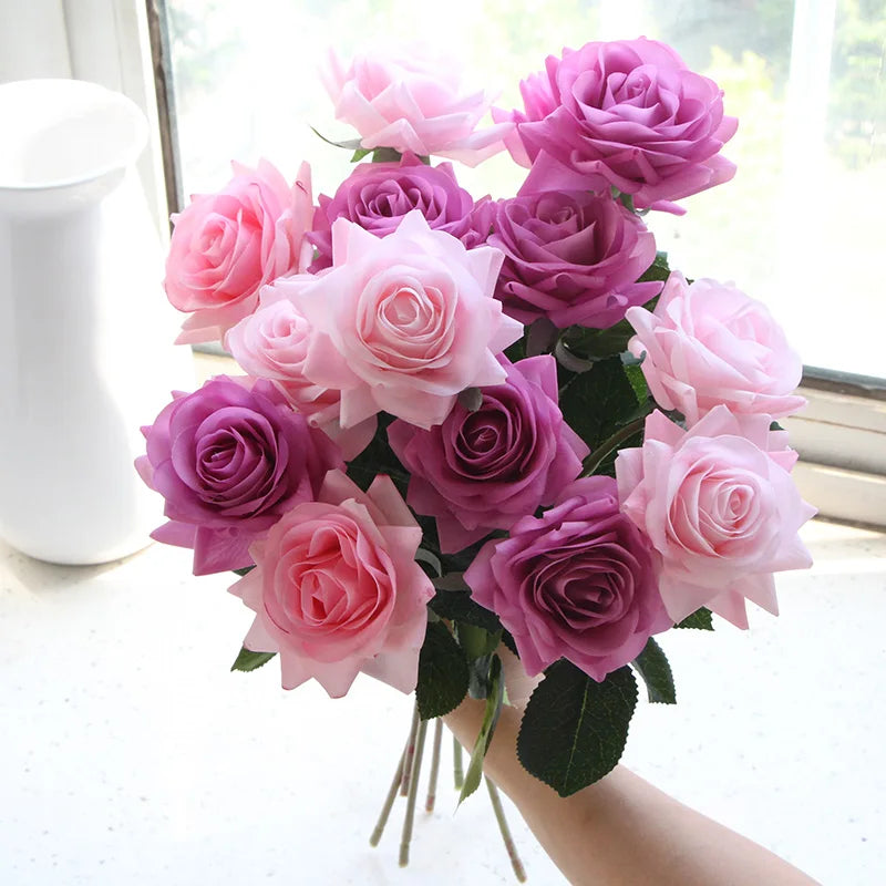 Latex Real Touch Rose Flowers, Kitchen, Birthday Party Decor, Home Decorations Branch, 12 PCs/Lot