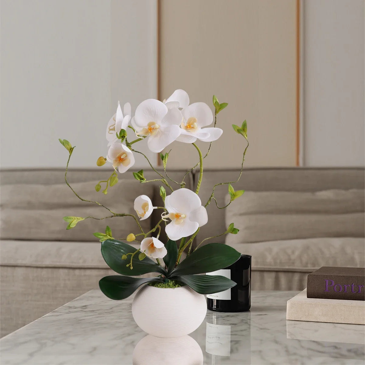 Real Touch White Orchid Artificial Flowers with Vase for Home Bathroom Decor Indoor Christmas Decorations