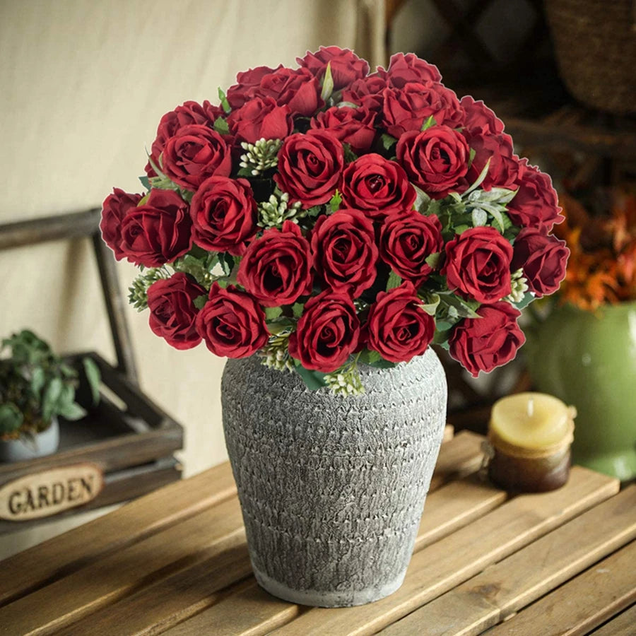 Silk Flowers Ten Head Rose Bundle Scrapbook Valentine Wedding Outdoor Garden Party Family Room Vase Decoration