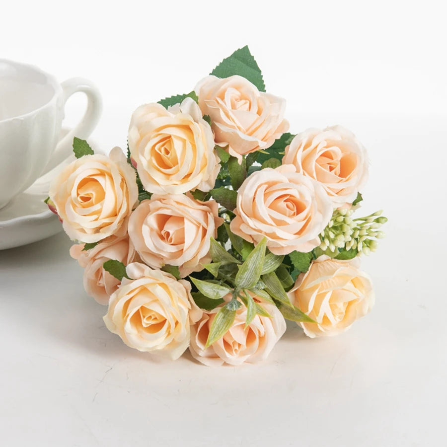 Silk Flowers Ten Head Rose Bundle Scrapbook Valentine Wedding Outdoor Garden Party Family Room Vase Decoration