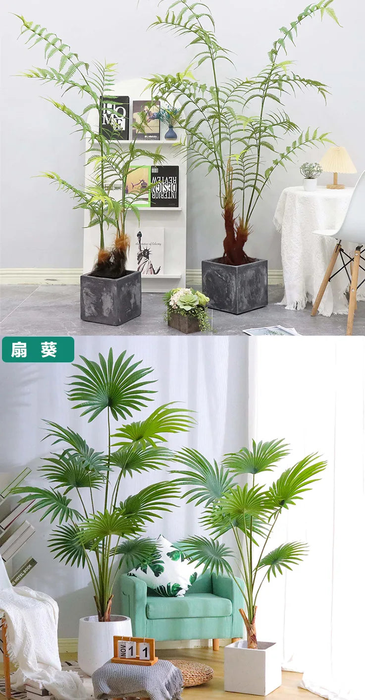 Large Artificial Palm Tree Tropical Fake Plants Green Plastic Palm Leafs Big Monstera Tree Branch For Home Garden Decor