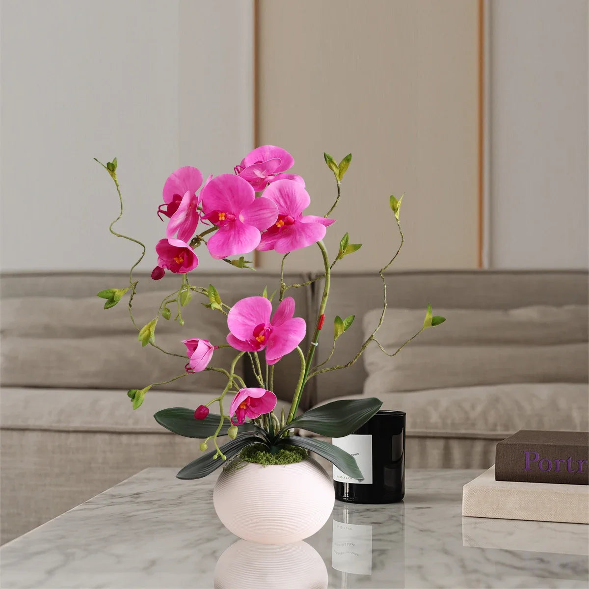 Real Touch White Orchid Artificial Flowers with Vase for Home Bathroom Decor Indoor Christmas Decorations