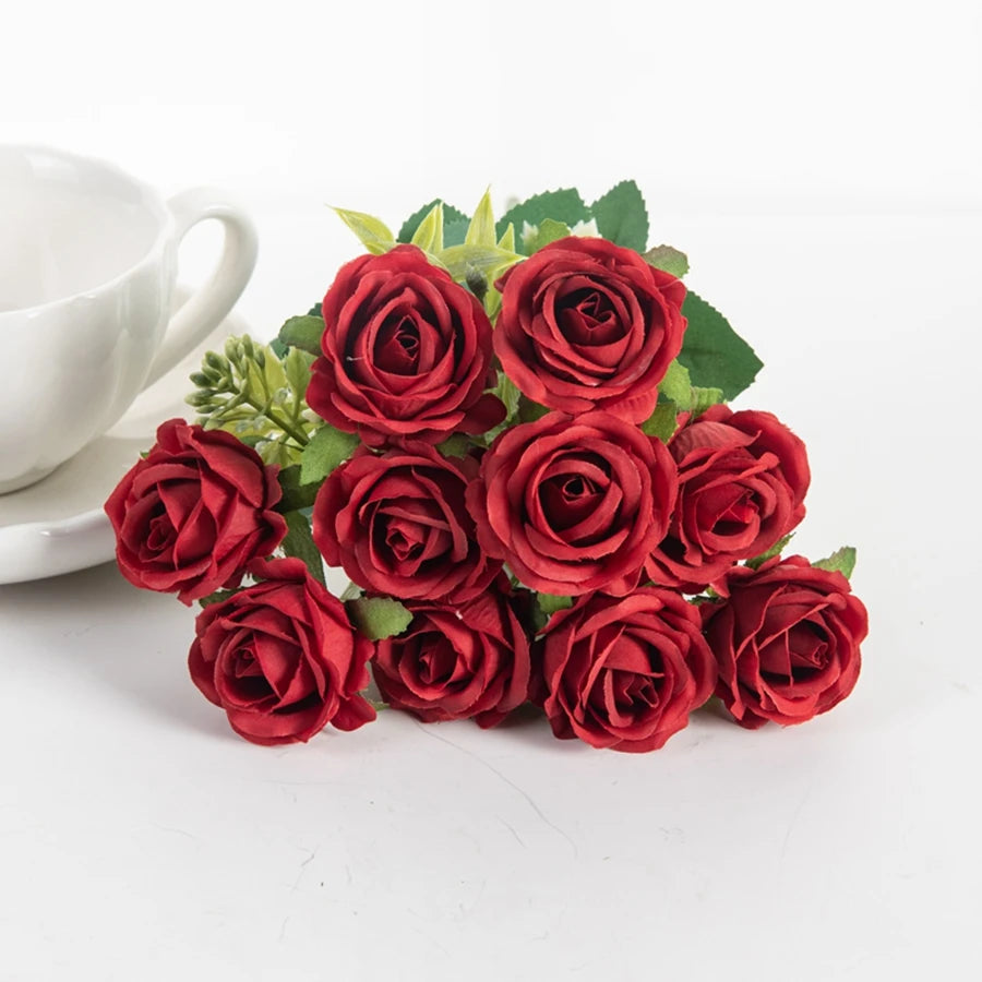 Silk Flowers Ten Head Rose Bundle Scrapbook Valentine Wedding Outdoor Garden Party Family Room Vase Decoration