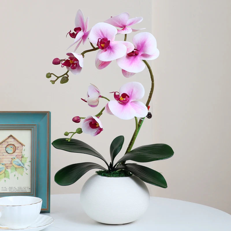 Real Touch White Orchid Artificial Flowers with Vase for Home Bathroom Decor Indoor Christmas Decorations