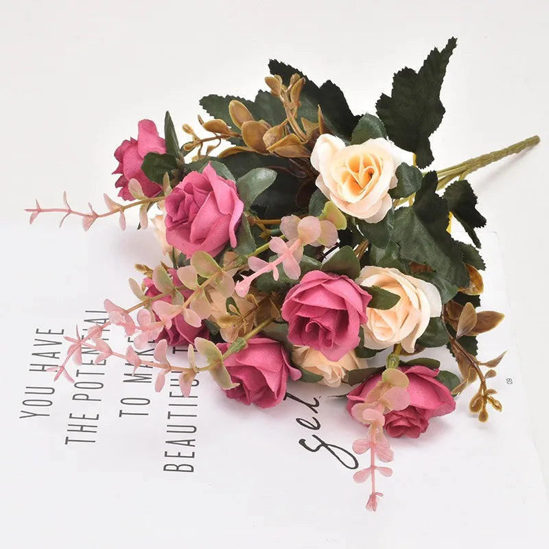 Rose Artificial Flowers 12Heads 33cm Hand Crafted Flowers For Home Room Decor Wedding Marriage Decoration DIY Craft Garland Accessories
