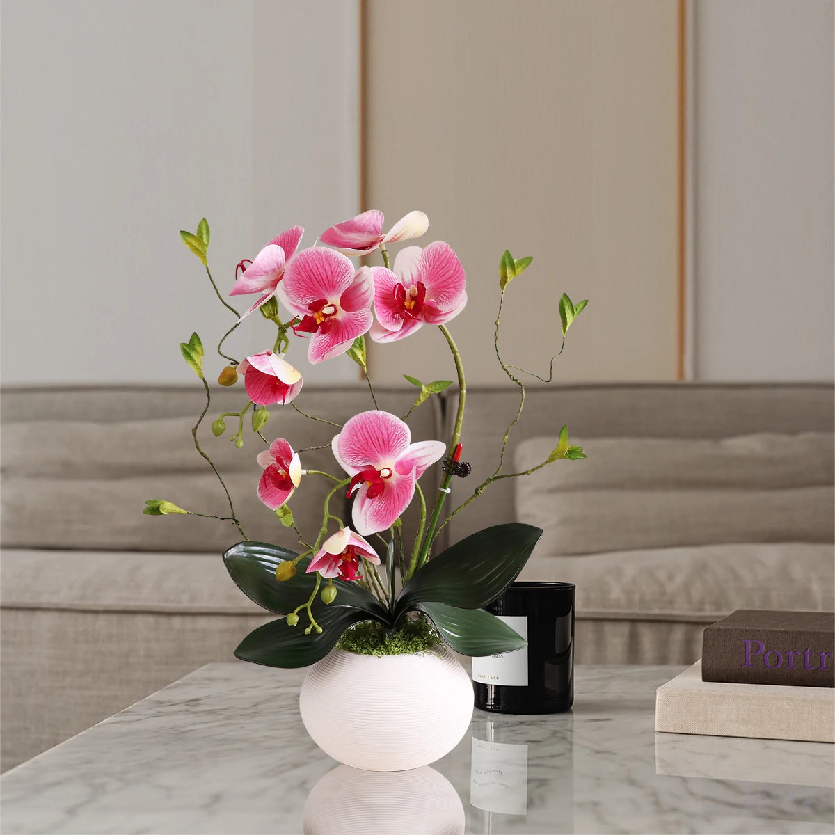 Real Touch White Orchid Artificial Flowers with Vase for Home Bathroom Decor Indoor Christmas Decorations
